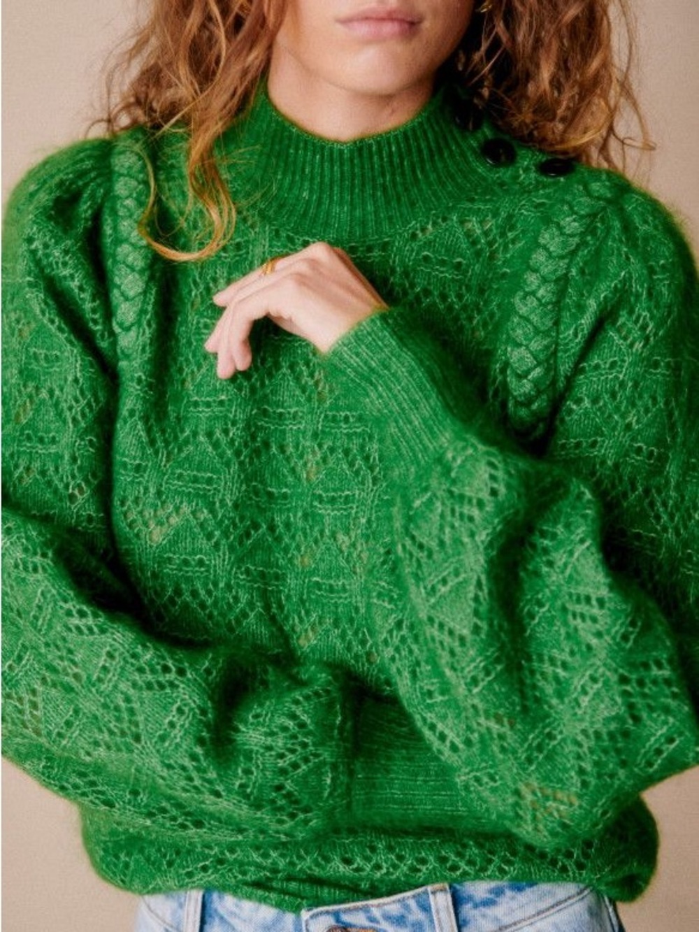 Sezane Emerald Green Lace-Pattern Mock Neck Sweater